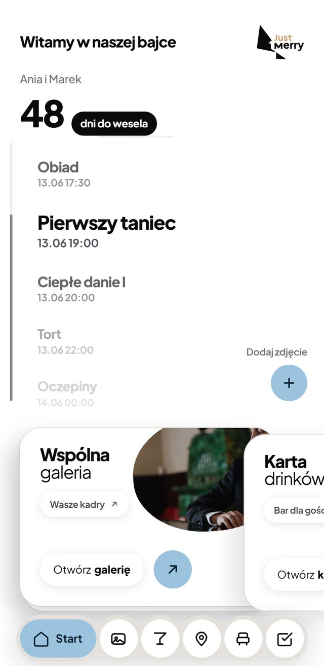 Karta startowa aplikacji: plan dnia, licznik dni do wesela i kafelki sekcji
