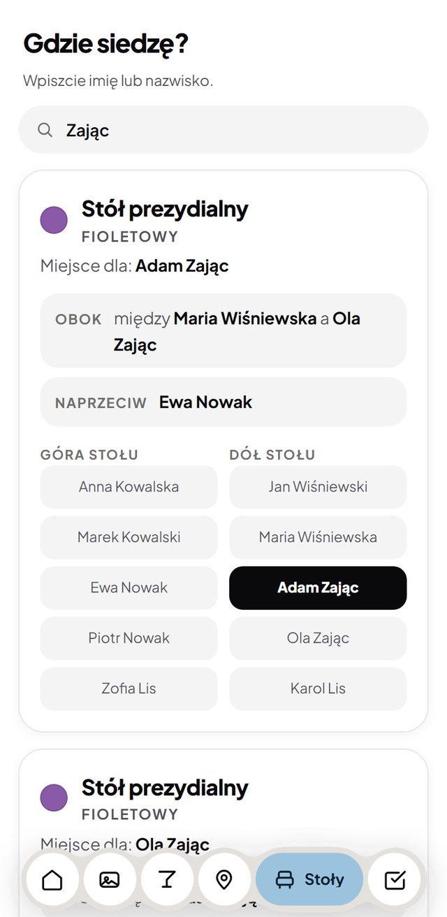Wyszukiwarka miejsca przy stole, gość wpisuje nazwisko